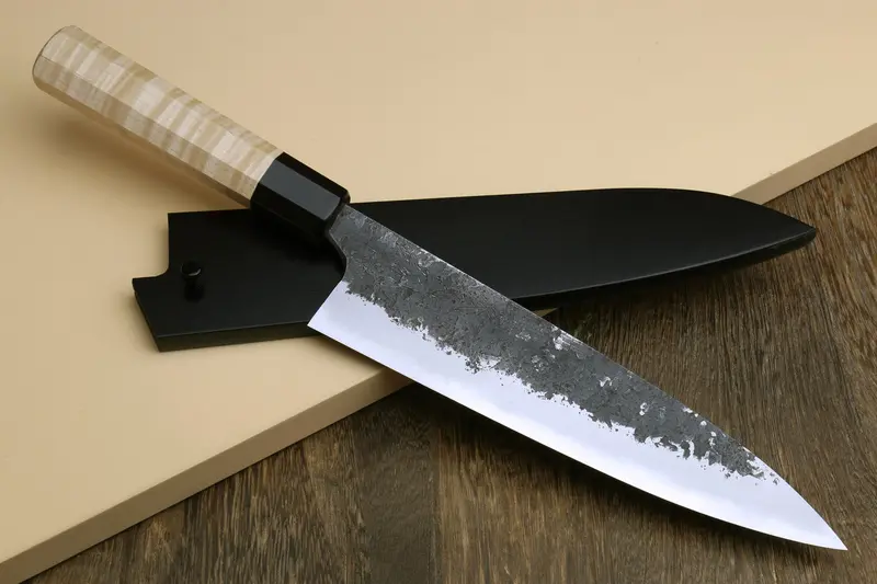 Yoshihiro Mazaki White Steel Gyuto – Nashiji Finish, Camphor Wood Handle 2