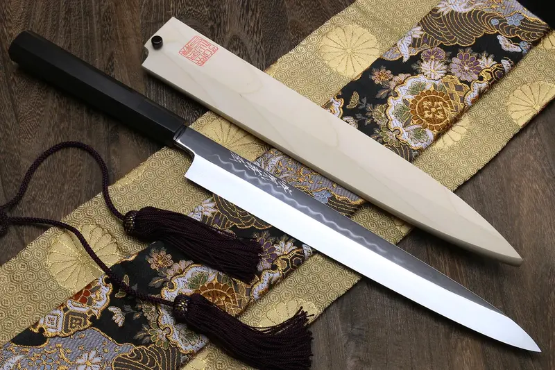 Yoshihiro Mizu Honyaki White Steel #1 Yanagi Sashimi Knife — Mirror-Finished Blade, Ebony Handle 1