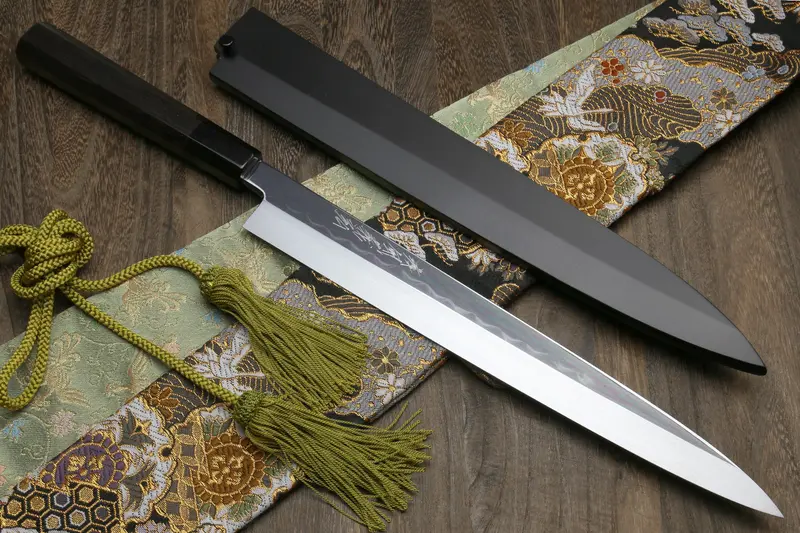 Yoshihiro Mizu Honyaki Yanagi Sashimi Knife – White Steel, Mirror-Finished, Classic Ebony Handle 1