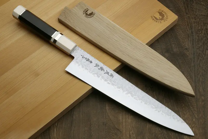 Yoshihiro Super Blue Steel Gyuto – 240Mm Stainless-Clad Hammered Blade, Ebony Handle With Ivory Bolster 1