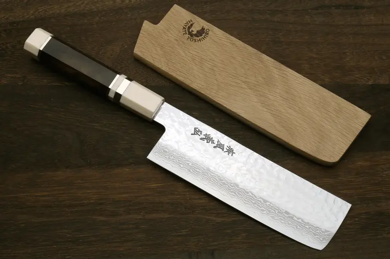 Yoshihiro Vg-10 Damascus Nakiri Knife – 6.5" Vegetable Blade, Ebony Handle With Ivory-Inspired Bolster 1